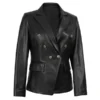 Kim Kardashian Double Breasted Black Leather Blazer For Women buy now