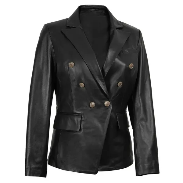 Kim Kardashian Double Breasted Black Leather Blazer For Women buy now