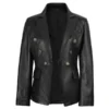 Kim Kardashian Double Breasted Black Leather Blazer For Women on sale