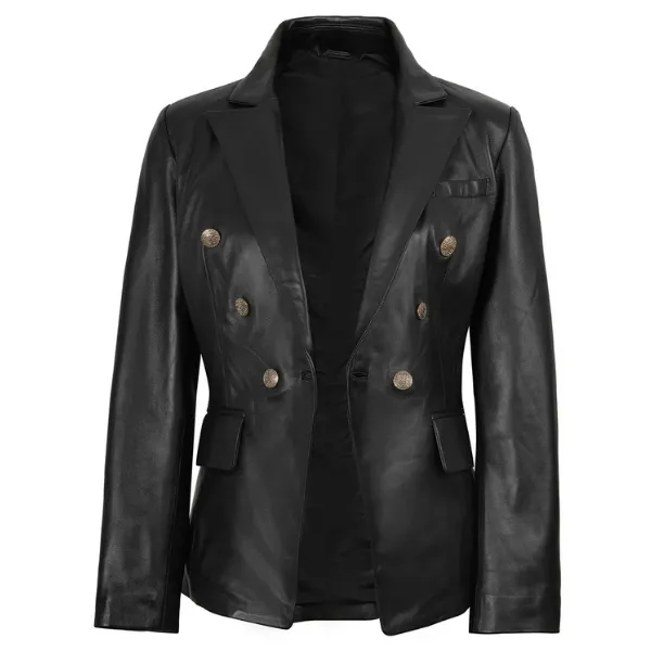 Kim Kardashian Double Breasted Black Leather Blazer For Women on sale