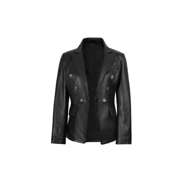 Kim Kardashian Double Breasted Black Leather Blazer For Women get now