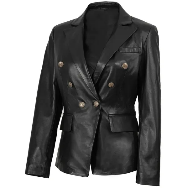 Kim Kardashian Double Breasted Black Leather Blazer For Women