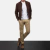 Blain Mocha Men's Brown Bomber Jacket with white shirt